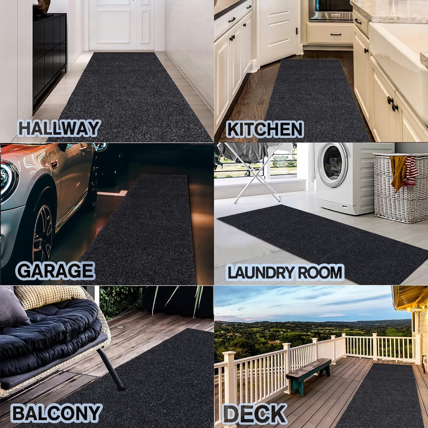 Custom Size Backed Non-Slip Area Rugs Runner, Easy Clean, Waterproof Runner Rugs for Hallway Entryway, Kitchen, Laundry, 2FT x 34FT, Black