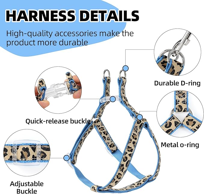 Mile High Life Leopard Dog Harness Collar Leash Set, Adjustable No Pull Dog Halter Harness for Small Breed Dogs, Easy Control for Training Walking (Blue, M Chest 15"-21", Neck 13"-17")
