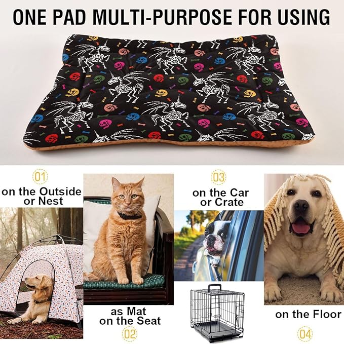 Pet Bed Gothic Unicorn Skeleton Skull Dog Bed Mat Absorbing Non Slip Pad Pet Sleeping Mat for Small, Medium, and Large Dogs Puppy Cat 36 in x 24 in