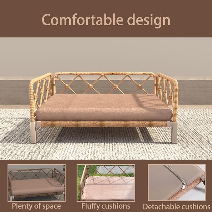 Elevated Waterproof Dog Beds with Egg Crate Foam Support Pet Bed, Outdoor Dog Sofa Bed PE Wicker Orthopedic Pet Couch Bed with Washable Removable Cushion for Medium, Small Dogs, Brown