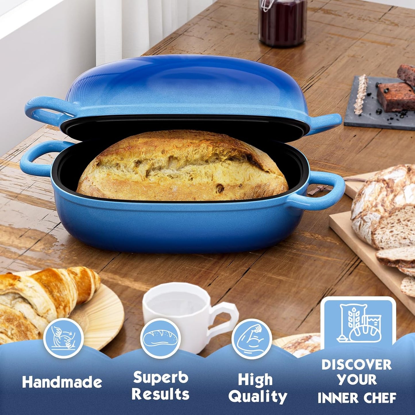 Dutch Oven for Bread Baking - 2.5QT Bread Pans for Homemade Bread Cast Iron Bread Pan With Banneton Bread Proofing Basket & Baking Supplies, Dutch Oven Loaf Pan with Lid for Homemade Breadmaking