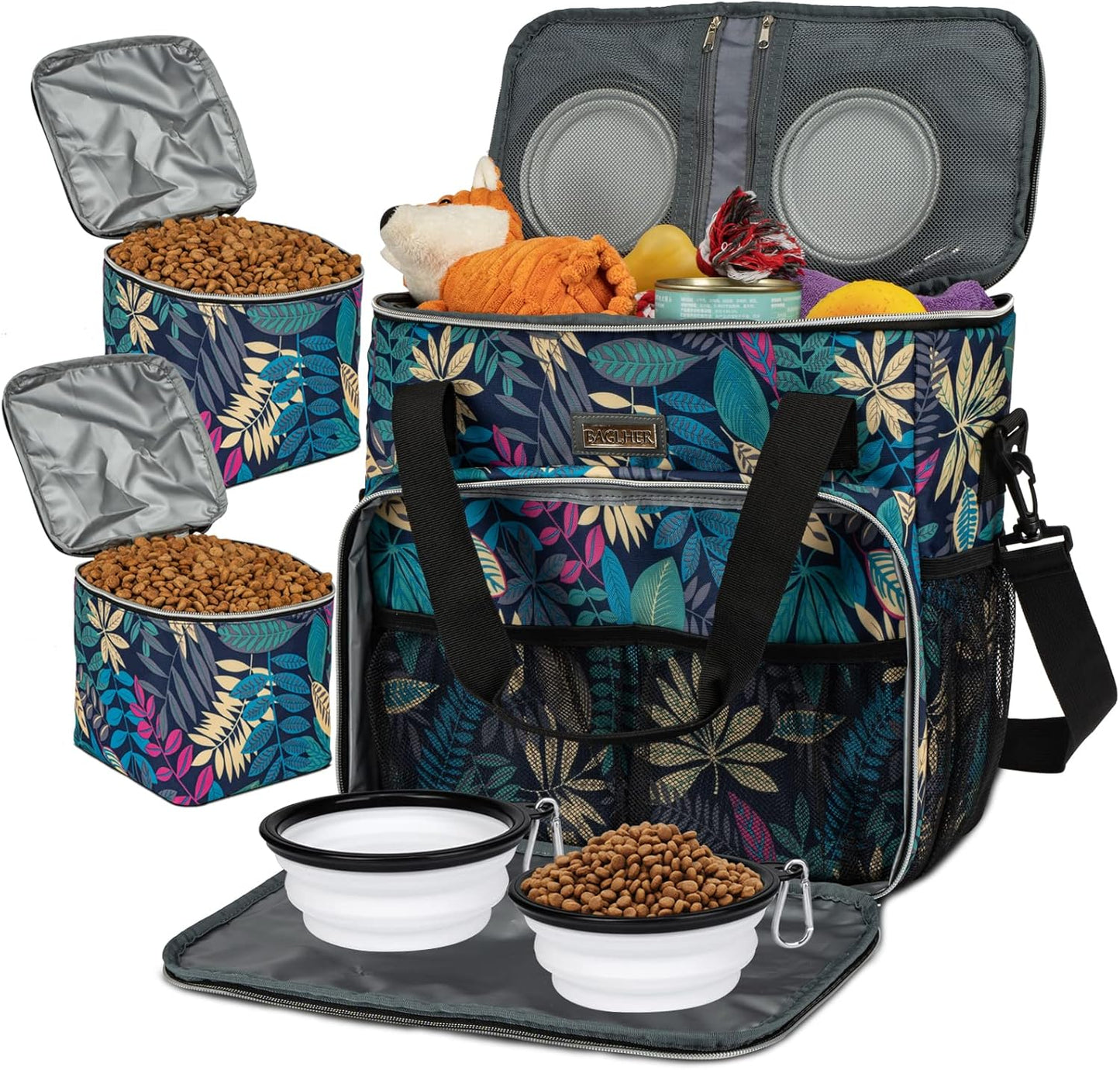 BAGLHER Dog Travel Bag, Pet Travel Bag (All Pet Travel Supplies), with 2 Pet Food Containers and 2 Collapsible Silicone Bowls; Essential Kits for Pet Travel Hawaii