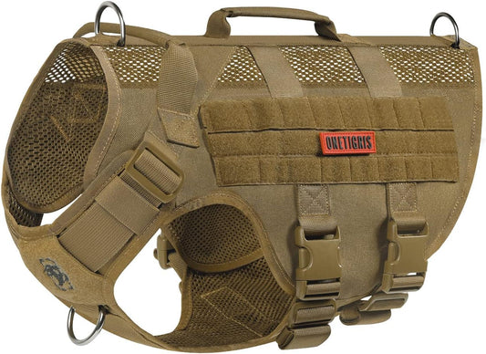 OneTigris No Pull Tactical Dog Harness for Medium Dogs, Aire Mesh Dog Vest Harness, Breathable Military Dog Molle Vests with Handles, Service Dogs Vest for Walking Hiking Training (L, Brown)