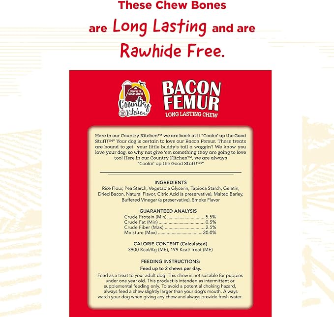 Country Kitchen Bacon Femur, Rawhide Free Dog Chews, Natural Ingredients, Made in The USA, 8.7 oz, 4 Count