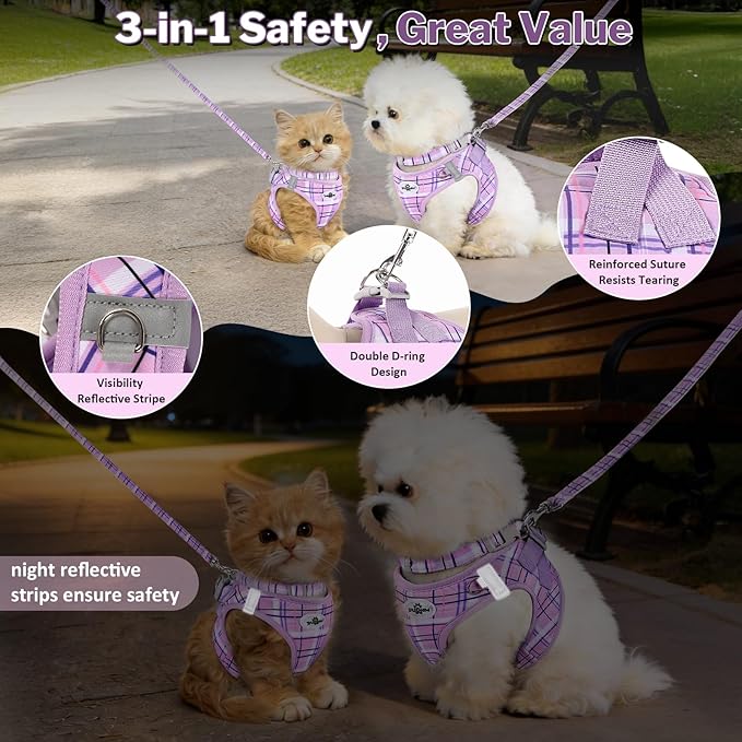 Gyuzh No Pull Dog Harness - 3-in-1 Step in Harness Collar Leash Set for Small Dog Walking & Training, Easy Walk Style, Lightweight Plaid Vest (Purple, M)