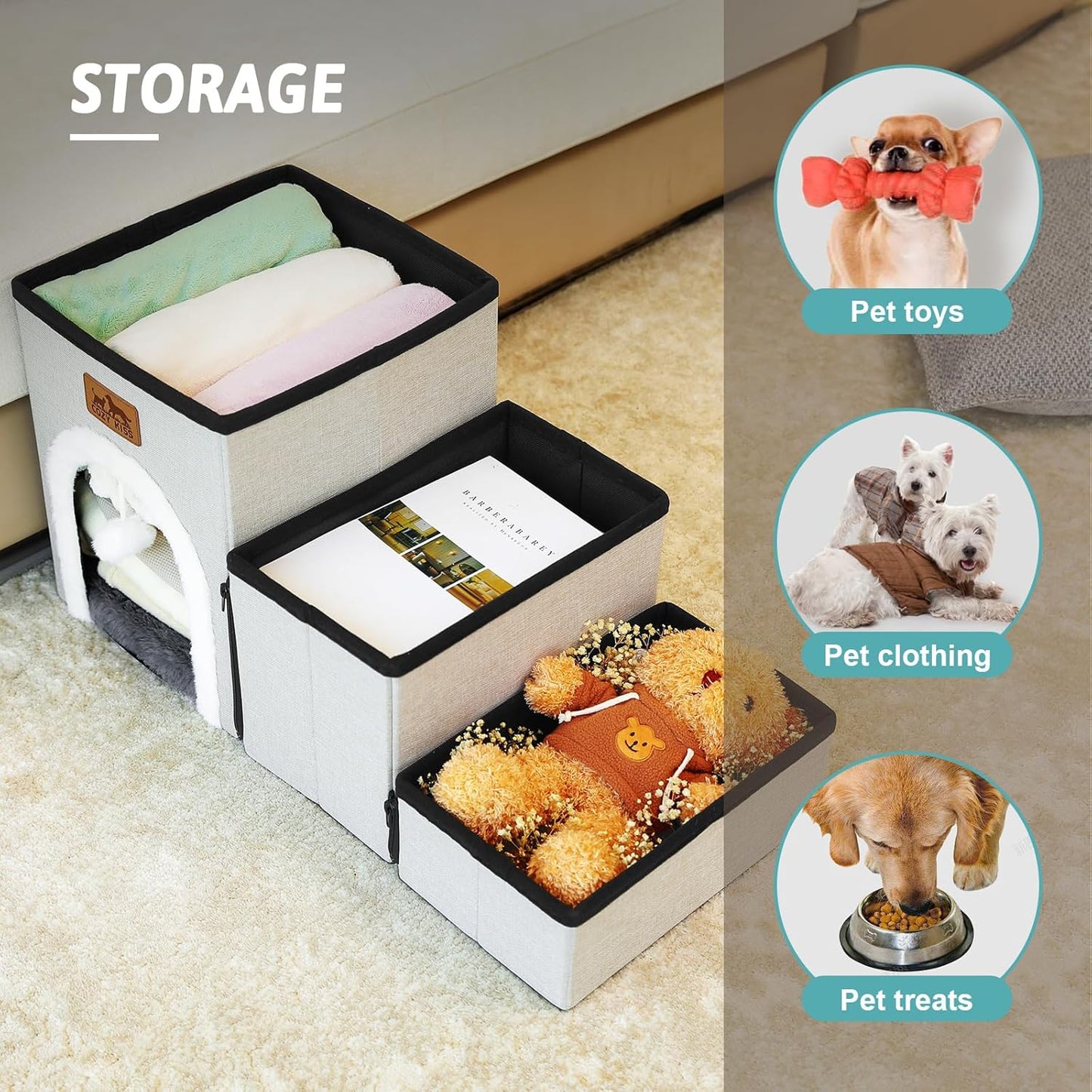 Dog Stairs for Small Dogs with Storage and Condo, 17.5" H Foldable Pet Stairs for Small Medium or Puppy Dogs and Older Cats, Dog Steps for Bed or Couch, 13x35x17.5 inch, 4 Tiers, Beige