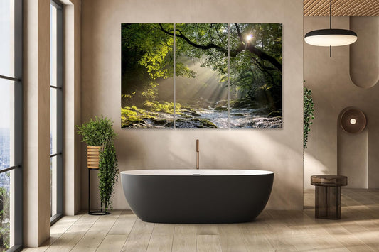 Nature Wall Art Prints - Ocean Forest Mountain Lake Canvas Landscapes - Small to Extra Large Living Room Bedroom Kitchen Bathroom Décor (Rocky River in the Woods, 39L" x 59W" - 3 Panels)