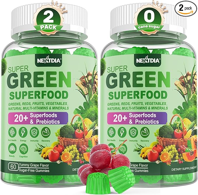 Super Greens Gummies, Greens Superfood Powder Alternative w/Spirulina, Chlorella, Prebiotic Fiber, Probiotic, Fruit Veggie, Daily Fruit Vegetable for Digestive & Gut Health, Immunity, Focus, 120 Cts