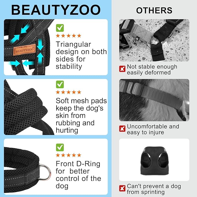 BEAUTYZOO No Pull Dog Harness Medium Sized Dog, Breathable Mesh Padded Dog Harness and Leash Set, Adjustable Reflective Escape Proof Dog Vest Harnessss Quick Fit for Training Walking, Black M