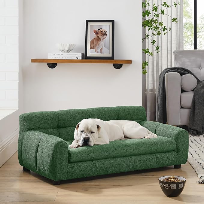 Soft and Comfortable Dog Couch Bed,Elevated Large Dog Sofa with Backrest and Armrestsmodern Rectangular pet Sofas,pet Furniture. Dry Cleanable Fabric Furniture for Medium and Large Dogs (Green)