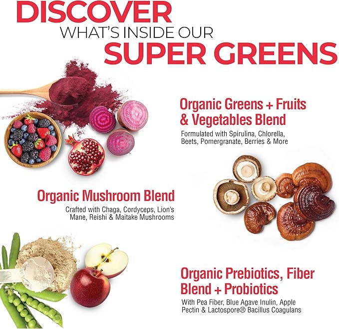 COUNTRY FARMS Super Greens Berry Flavor, 50 Organic Foods, USDA Drink Mix, Multicolor, Multi, 40 Servings, 21 Oz, 2 Pack