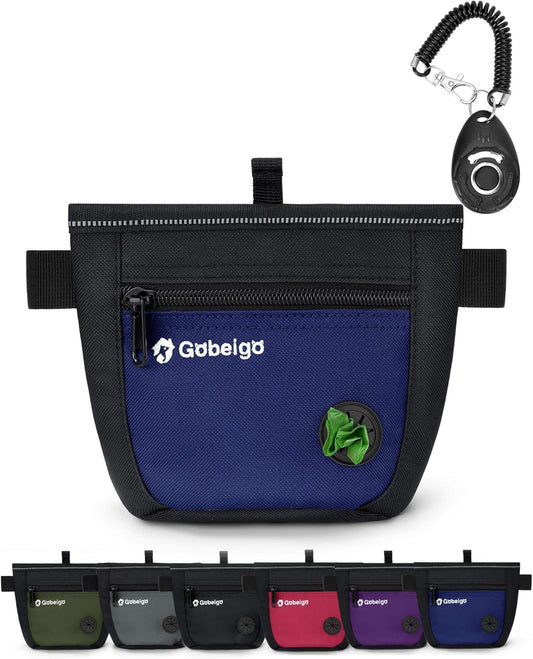 Gobeigo Dog Treat Pouch and Training Clicker, Upgrade Two Magnetic Closure to Prevent Spills, 2 Cup Treat Bag with Poop Bag Dispenser, Metal Clip Waist Belt Fanny Pack for Pet Walk (Black/Blue)