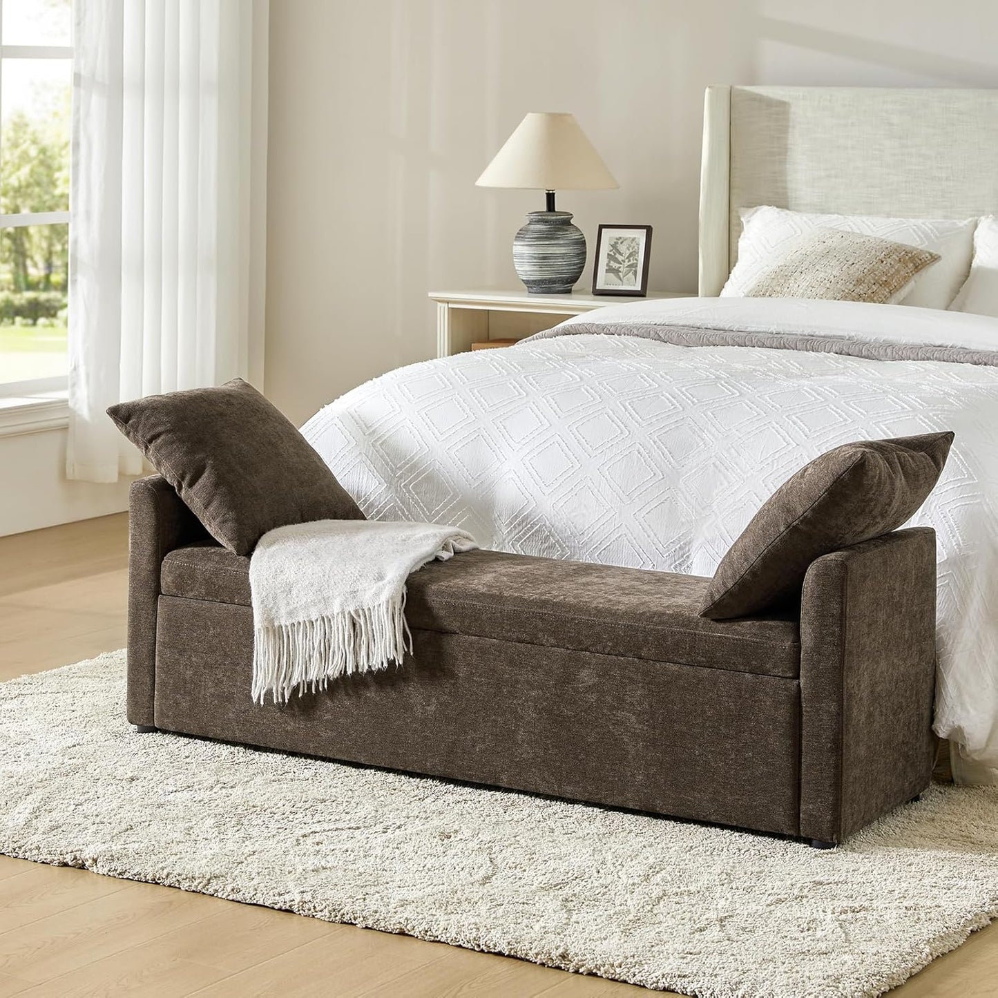 HULALA HOME Modern Storage Bench with Throw Pillows, 59.4" Extra Long Bedroom Ottoman Bench for End of Bed, Comfy Upholstered Footstool for Entryway Living Room Dining Room, Taupe