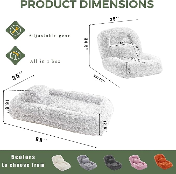 Human Dog Bed for Adult and Kids, Comfy Foldable Lazy Floor Sofa Bed with 5 Adjustable Position, Grey Upholstered Floor Bean Bag Lounger Chair for Bedroom, Living Room,Office (Dark Gray)