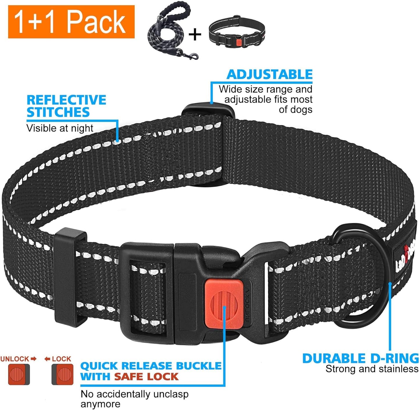 Heavy Duty Dog Leash - Comfortable Padded Handle, 5 ft Long - Dog Leashes for Small Medium Large Dogs (Leash+Collar M Neck 16"-20", Black)