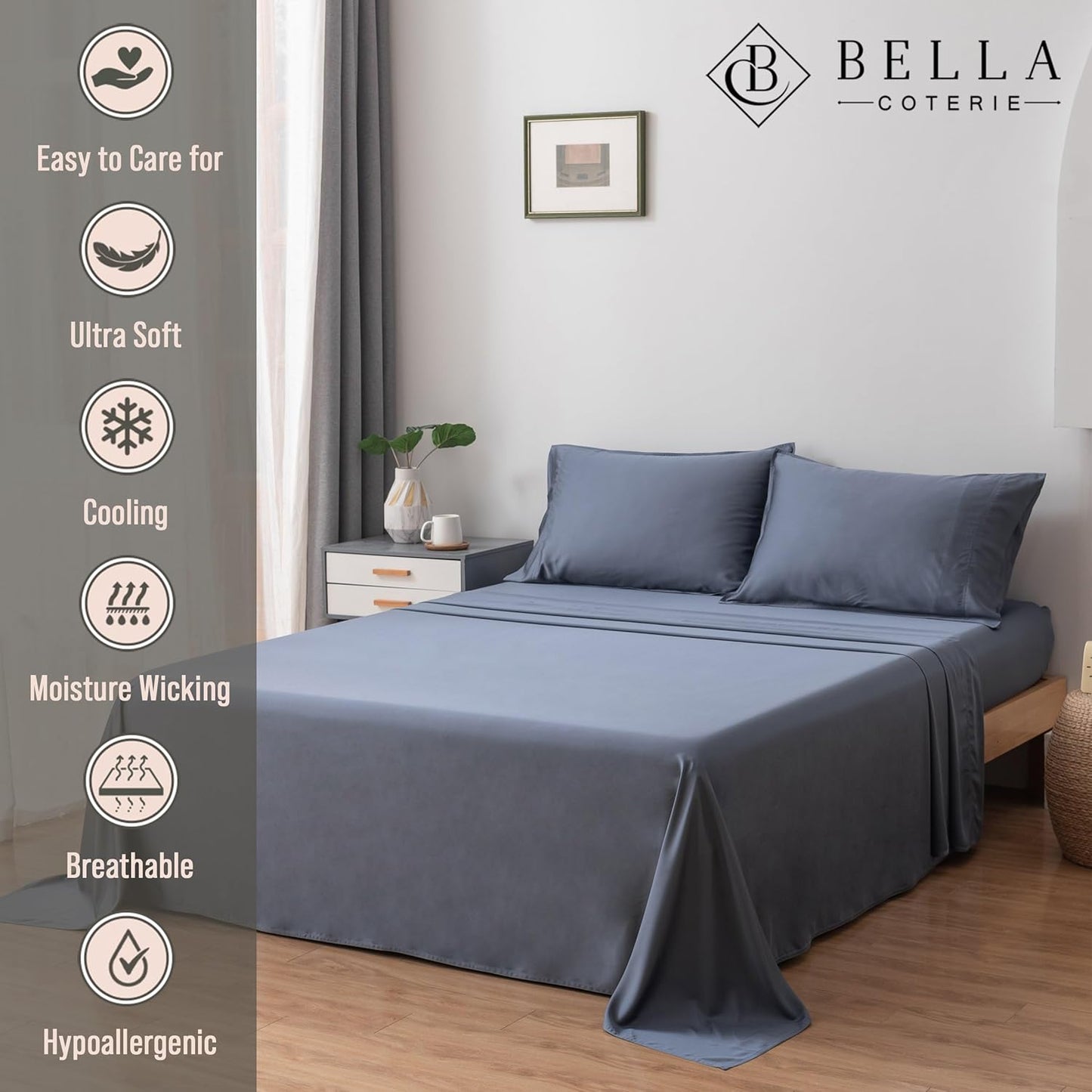 Bella Coterie Luxury Bamboo Viscose Queen Size Sheet Set | 100% Organically Grown | Ultra Soft | Cooling for Hot Sleepers | 18" Deep Pocket [Slate Blue]
