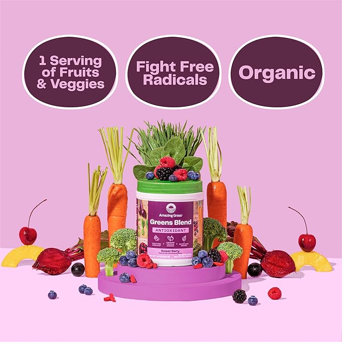 Amazing Grass Greens Superfood Antioxidant: Greens Powder with Organic Spirulina, Beet Root Powder, Elderberry & Probiotics, Sweet Berry, 100 Servings (Packaging May Vary)