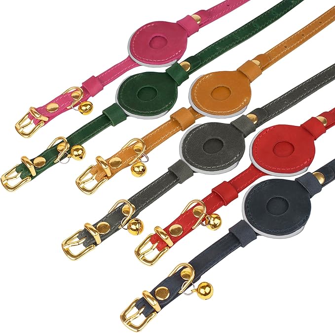 OOPSDOGGY Reflective Leather AirTag Cat Collar with Bell - Non Breakaway Adjustable Pet Collar with Apple Air Tag Holder - Lightweight GPS Kitten Collars for Small Dogs Puppy (Red)