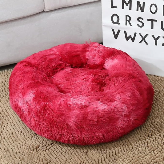 Calming Dog Bed for Small Dogs, Calming Donut Cuddler Pet Bed Anti Anxiety Round Dog Bed Fluffy Plush Faux Fur Cat Bed,Wine red,35.5IN