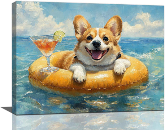 Ocean Funny Corgi Dog Pictures Wall Art, Bathroom Cute Dog Wall Decor Sea Coastal Framed Painting Beach Canvas Artwork for Bathroom Bedroom Living Room Decorations 16"L x 12"W