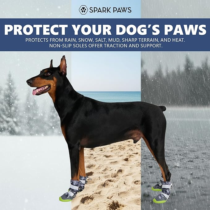 Spark Paws Dog Shoes, Waterproof Dog Boots for Medium to Large Dogs, Non Slip, Breathable Dog Booties and Paw Protectors - 4PCS Doggie Hiking Boots with Reflective Straps, Gray Camo, Size 6