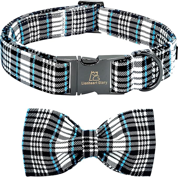 Lionheart glory Dog Bow Collar Blue and Black Plaid Dog Collar for Large Dogs,Boy Dog Collars with Bowtie Spring Summer Collars Soft Adjustable Pet Collar Bows