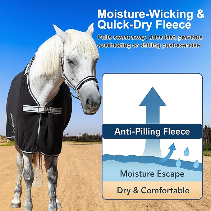 Horse Fleece Cooler, Blanket Liner - 300g Anti-Pilling Fleece, Moisture-Wicking, Cooling & Drying for Post-Workout, Bath & Travel, Prevent Overheating & Chilling Black 72