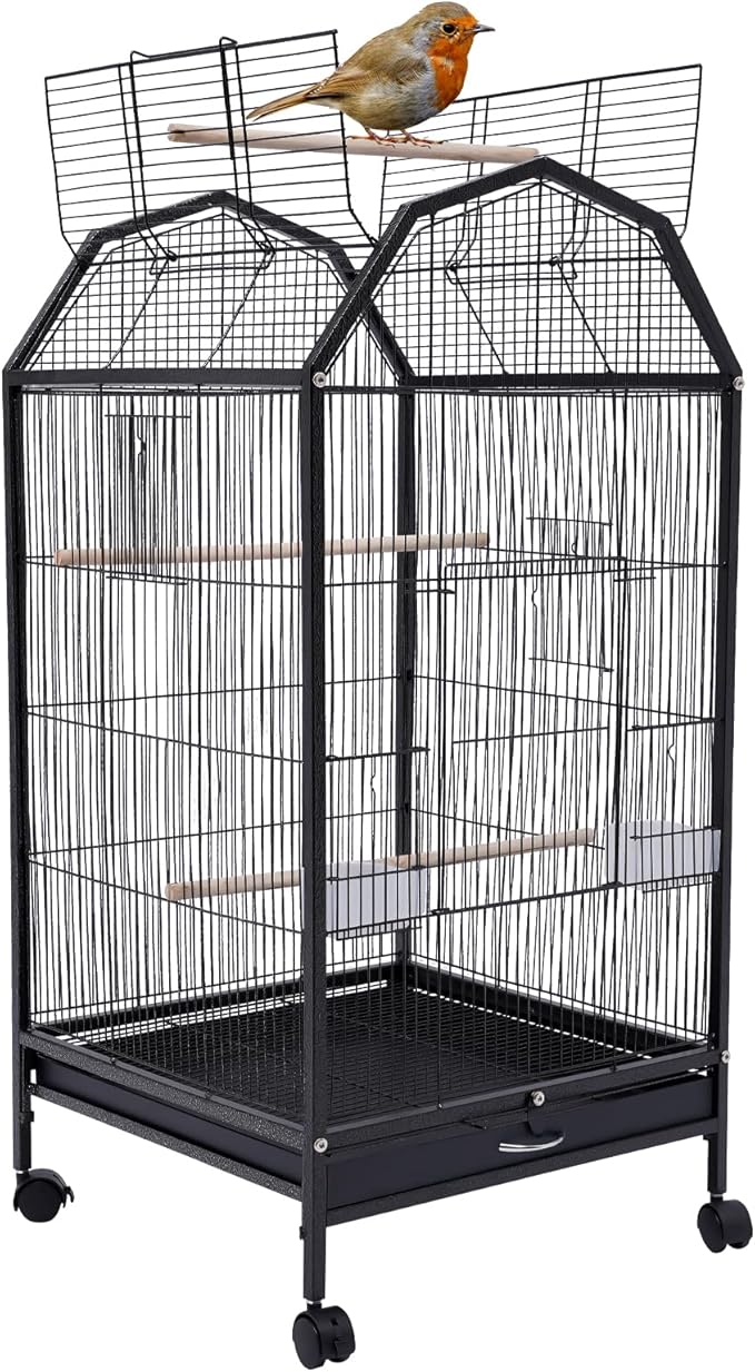 40 Inch Bird Cage with Play Open Top & Lockable Rolling Stand, Medium Birdcage for Parrot Lovebirds Finches Canaries Parakeets Cockatiels Budgie Parrotlet Conures, Black