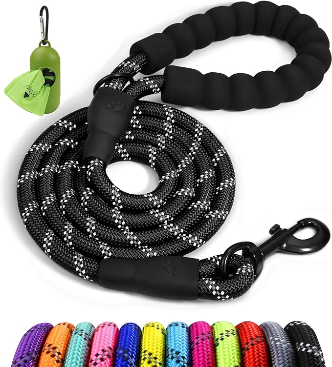 Taglory Rope Dog Leash 4 FT with Comfortable Padded Handle, Highly Reflective Threads Leash and Anti-Tangle Clip for Walking Small Dogs, 3/8 inch, Black