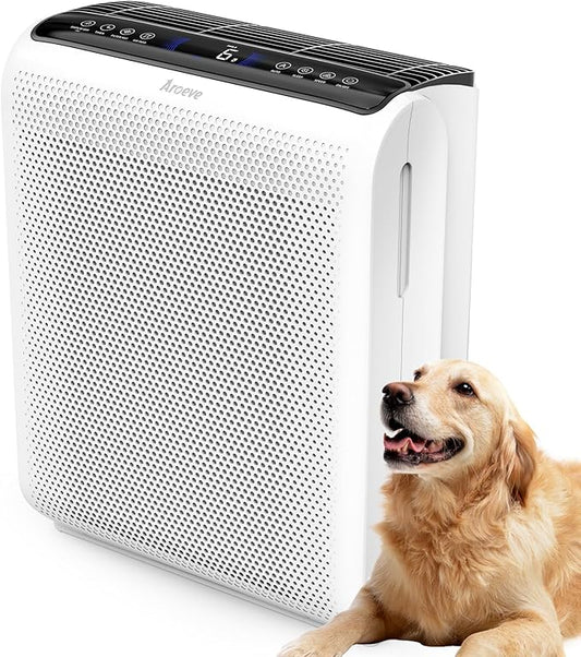 AROEVE Air Purifiers for Bedroom Home Large Room Up to 1504 Ft², 5 Layer Filter for Smoke Pollen Allergies Pet Dander Odor, Air Quality Monitor, Sleep Mode, Timer for Office, Dorm, Kitchen, MK07 White