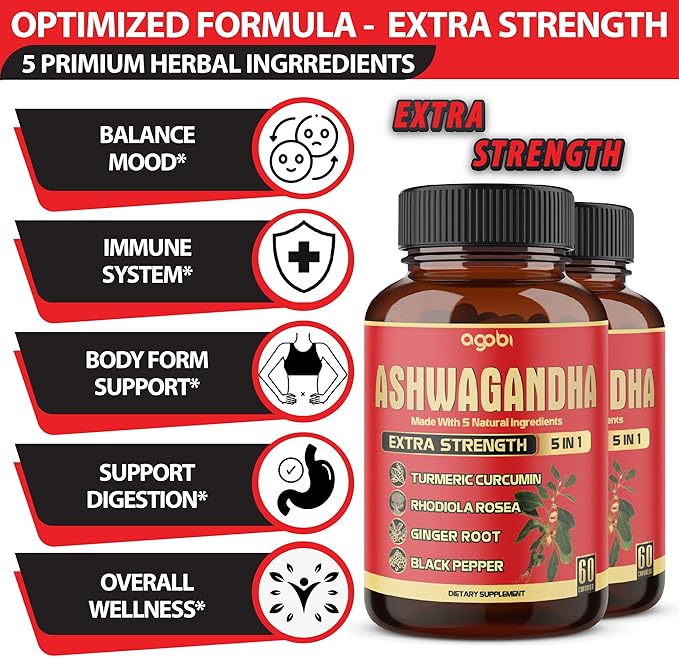 2 Packs - 60 Capsules Ashwagandha Capsules - High Concentrated - 5in1 Formula Ashwagandha, Turmeric, Rhodiola Rosea, Ginger, Black Pepper - 4 Month Supply