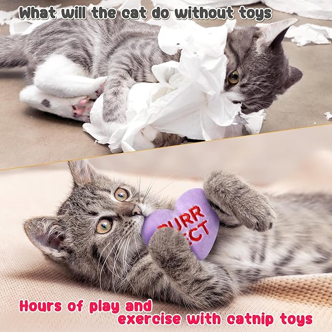 MALLMALL6 5Pcs Conversation Heart Candy Catnip Toys for Cat, Catmint Interactive Kitten Teething Chew Kick Toy for Indoor Cats, Soft Pet Sweetheart Gift Supplies