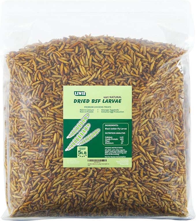 5LB Dried Black Soldier Fly Larvae, 86X Calcium Than Dried Mealworms, High Protein Non-GMO Organic Chicken Feed Reptile & Amphibian Food