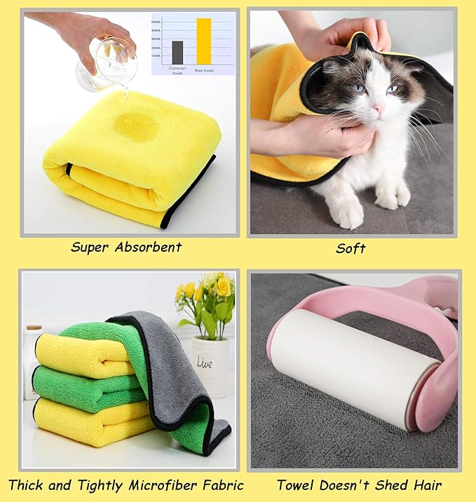 2 Pack Dog Towels Super Absorbent Pet Bath Towel Microfiber Dog Drying Towel for Small Dogs and Cats, Machine Washable, 11.8Inch x 23.6Inch, Yellow-Grey & Green-Grey
