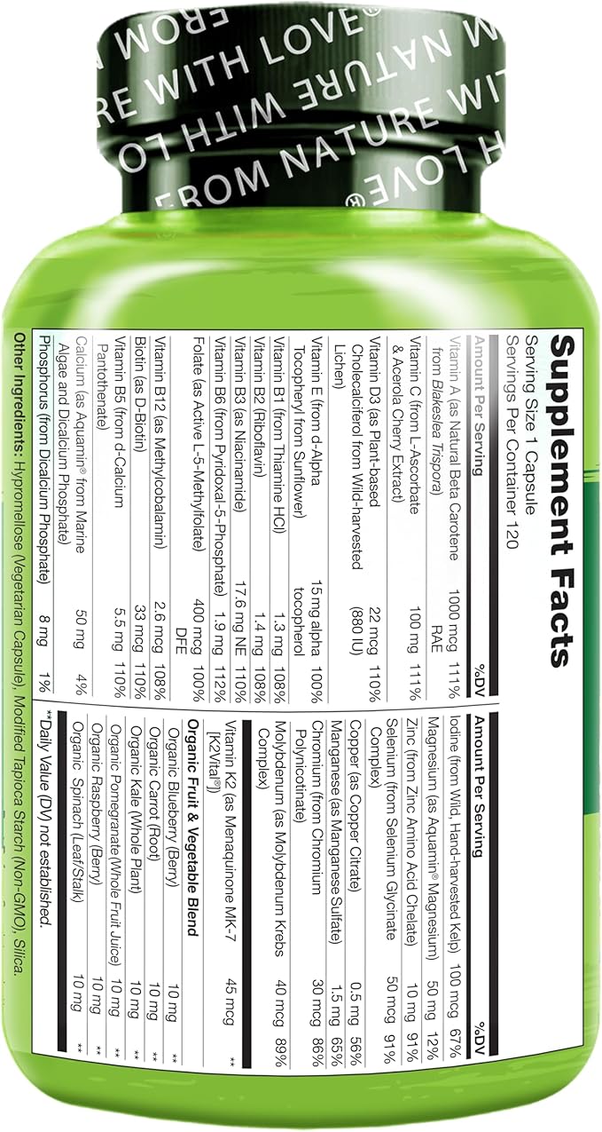 NATURELO Mens Multivitamins - One Daily Multivitamin for Men with Vitamins, Minerals & Organic Whole Foods, Boost Energy & Health, Non-GMO, 120 Vegetarian Capsules