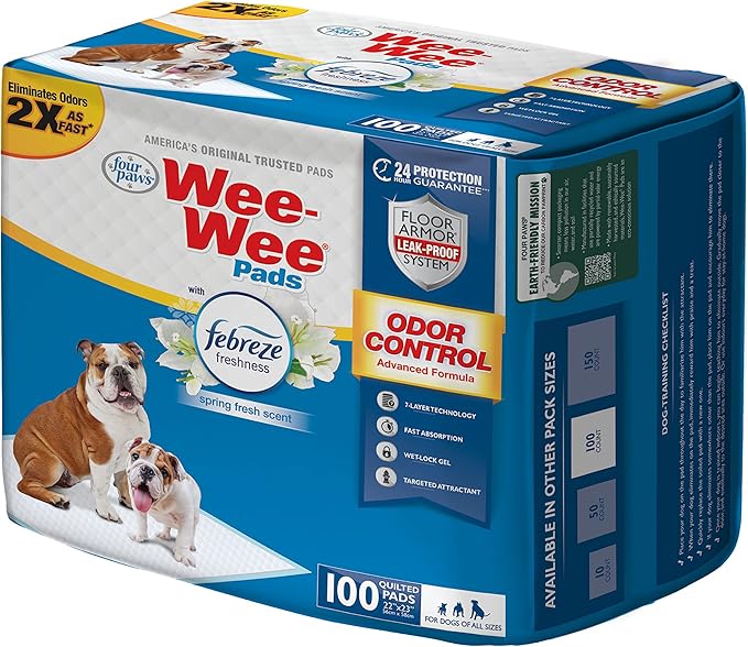 Four Paws Wee-Wee Odor Control with Febreze Freshness Pee Pads for Dogs & Puppies, Leak-Proof Dog Housebreaking Potty Training Floor Protection, Spring Fresh Scent, 22" x 23", 50 Count