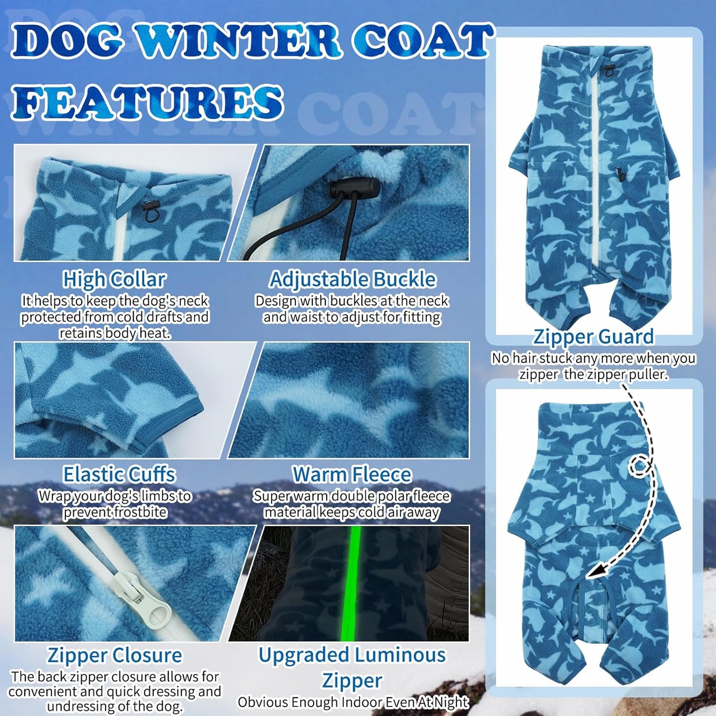 ROZKITCH Dog Shark Fleee Pajamas, Pet Windproof Warm Cold Weather Jacket Vest with Luminous Zipper, Jumpsuit Apparel Outfit Clothes for Small Medium Large Dog Shark S
