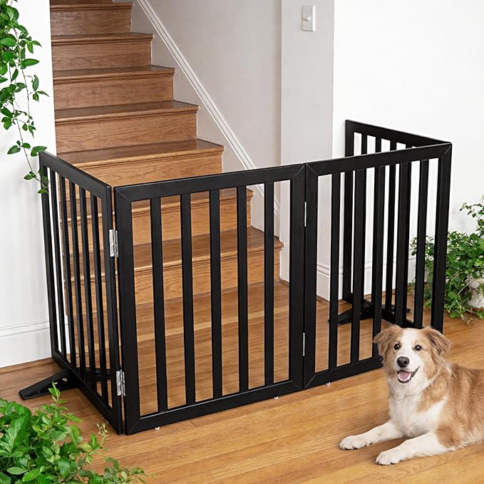 ZJSF Freestanding Indoor Dog Gate for House Foldable Wood Puppy Gate for Doorways Pet Gate for Stairs Extra Wide Pet Fence, Black, 32" Height 4 Panels