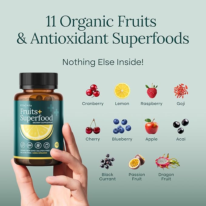 100% Organic Fruits and Veggies Supplement (USDA Organic - Made in USA) 180 Potent Fruits and Vegetable Capsules for Energy Boost & Daily Fruit and Vegetable Vitamins - Vegan, Non-GMO, Gluten-Free