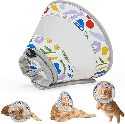 Breathable Air Mesh Cat Cone Collar Soft to Stop Licking, Adjustable, Foldable Lightweight Kitten Cones After Surgery Recovery for Cats & Kittens (Flower,S)