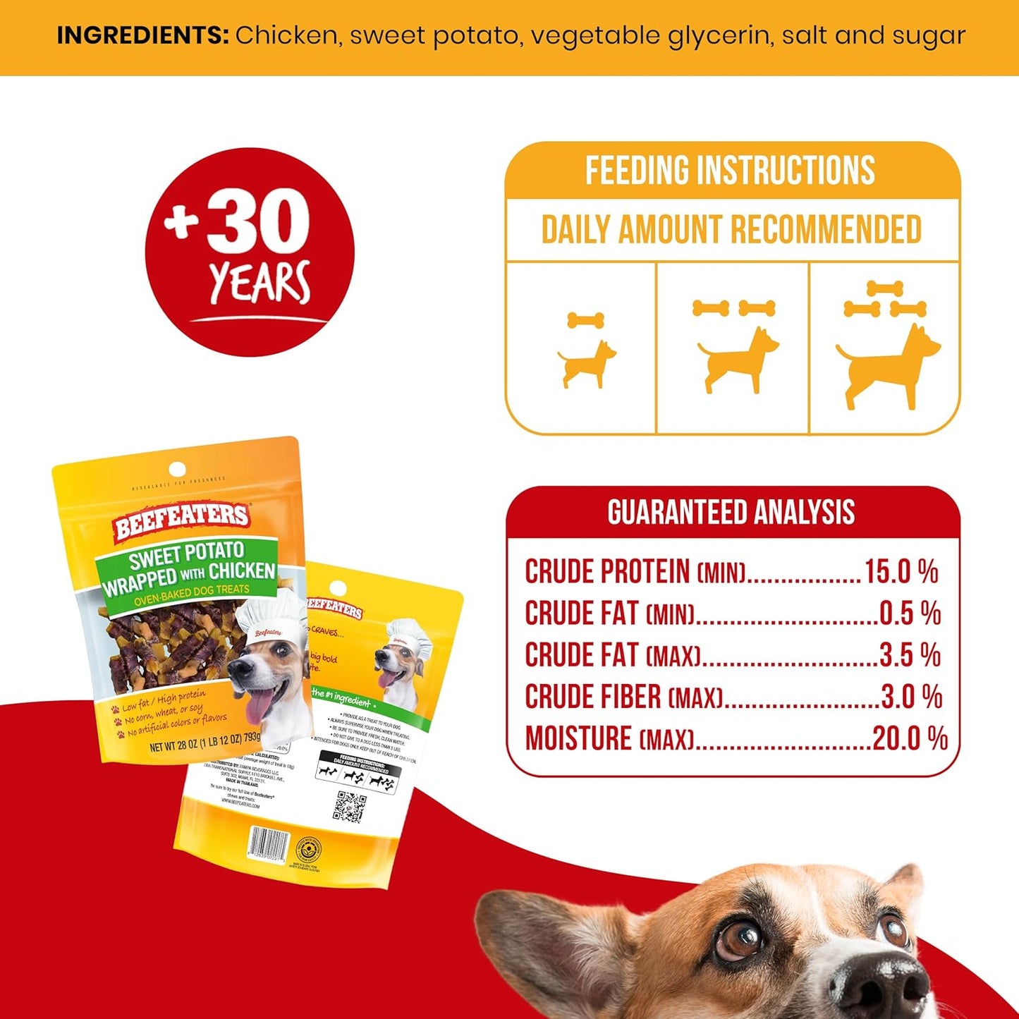 Beefeaters Sweet Potato Wrap with Chicken – Dog Treat. No Corn, Wheat, Soy or Gluten, Low Fat, Whole Muscle Jerky, Ideal for Training & Snacks