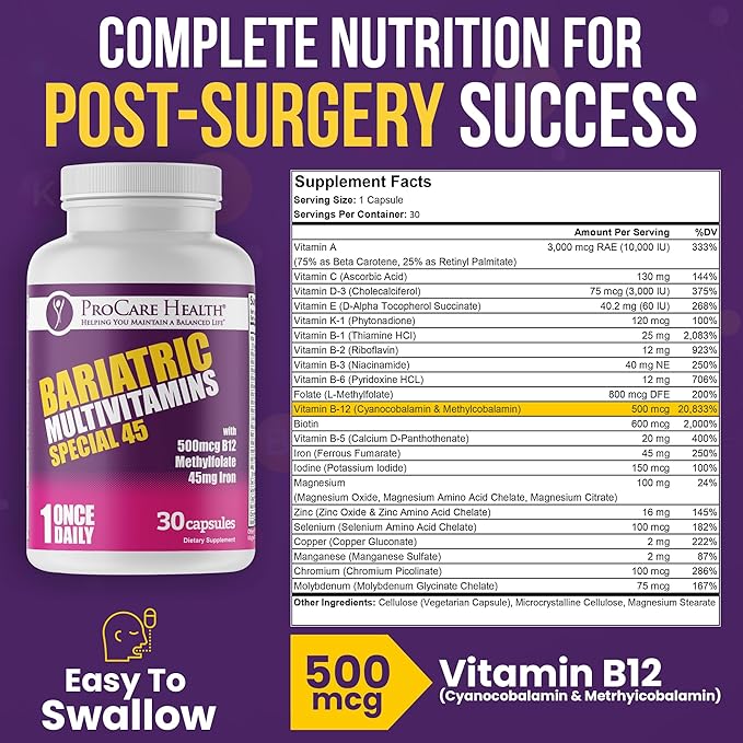 ProCare Health Bariatric Multivitamin with Iron (30 Capsule) 45mg Iron with Reduced B12 - Post-Op Bariatric Vitamins for Gastric Bypass Sleeve Patients, Sustains Recovery & Energy (1 Month Supply)