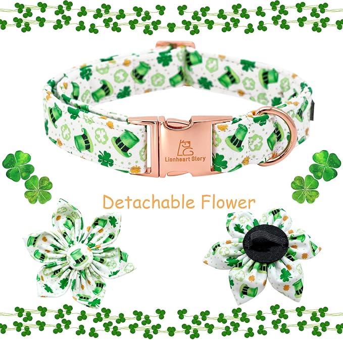 Lionheart glory St. Patrick's Day Dog Collar with Flower Dogs Collar,Soft Green Lucky Clover Shamrock Dog Collars Flower for Large Dogs Soft Collars Bows Heavy Duty