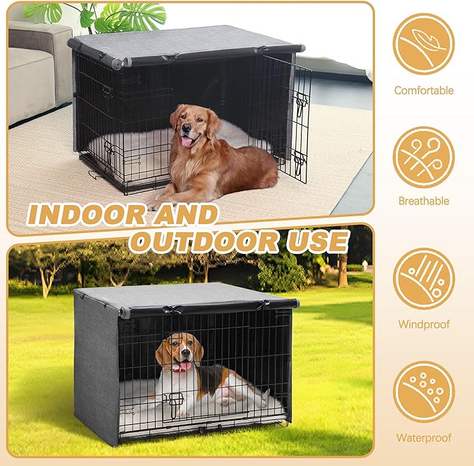 Dog Crate Cover - Double Door Waterproof Pet Kennel Cover, Durable 600D Polyester Protective Cage Cover for 36 Inch Dog Crate - Grey