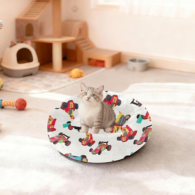 Dog Bed Race Cars Sleeping Pet Bed with Anti-Slip Bottom for Small Medium Dogs and Cats, Round Calming Sleeping Washable Puppy Beds 13 in