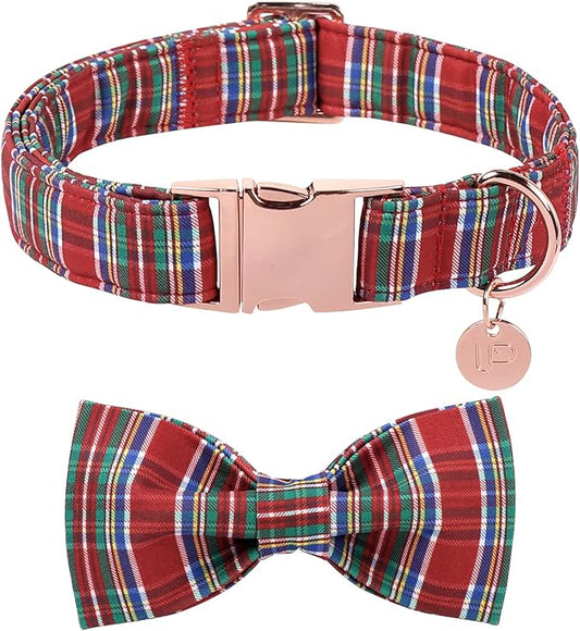 Christmas Plaid Dog Collar with Bow, Red and Blue Check Adjustable Pet Collar with Quick Release, Christmas Stripes Bowtie Collar for Small Medium Large Dogs L