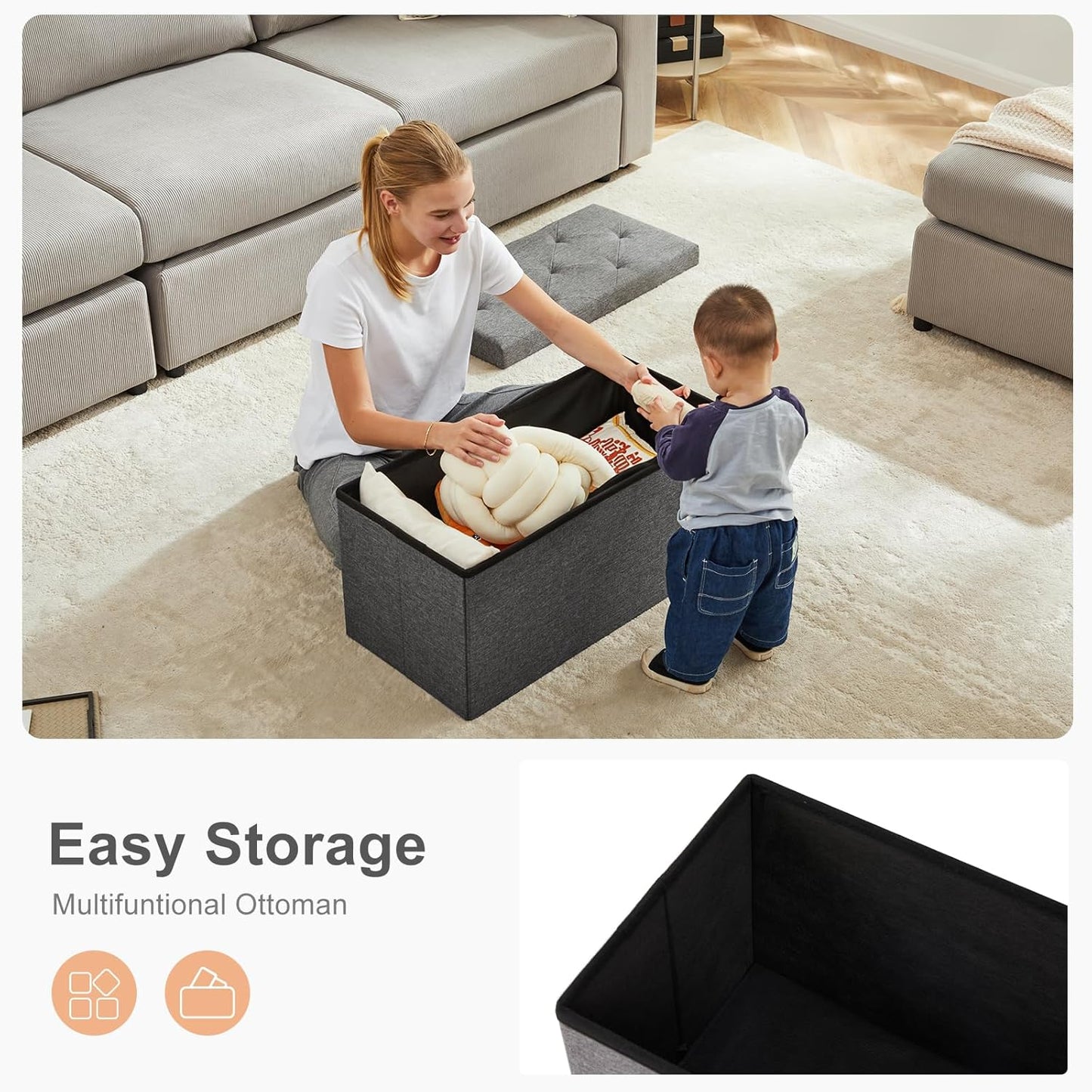 Sweetcrispy 30 Inches Folding Storage Ottoman Bench, Large End of Bed Foot Rest Stools Ottoman Storage Chest with Padded Seat for Bedroom, Living Room, Entryway, Holds up to 660 lb, Deep Grey