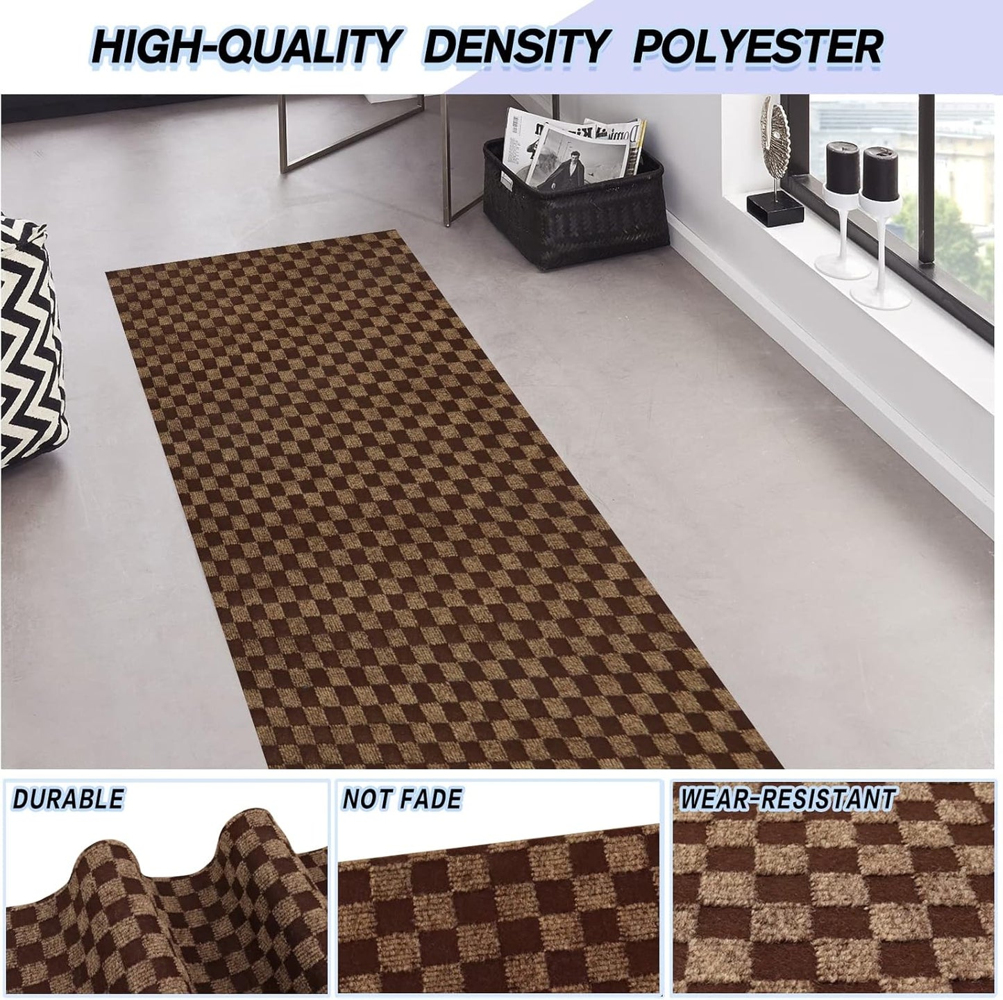 Custom Size Backed Non-Slip Area Rugs Runner, Easy Clean, Waterproof Runner Rugs for Hallway Entryway, Kitchen, Laundry, 4FT x 82FT, Brown Checkered