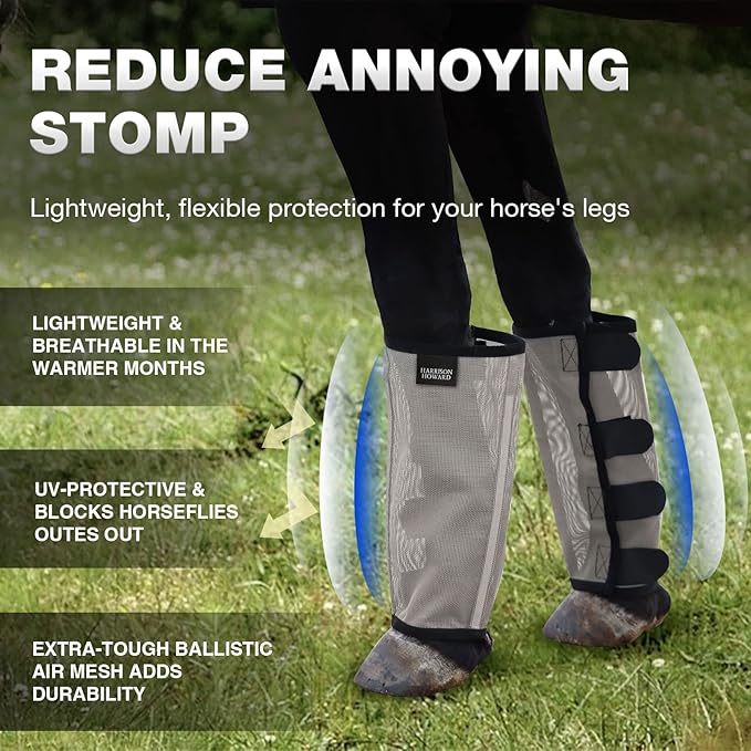 Harrison Howard Loose Fitting Fly Boots UV-Protective Extra Tough Mesh Ventilated Four Fasteners Stay-on Design Protect Horse Legs & Stomp-Reducing Set of 4 Original Grey Pony