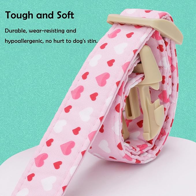 Faygarsle Valentine's Day Dog Collar, Pink with Red and White Hearts Pattern, Adjustable with Quick-Release Buckle and Heart Charm M